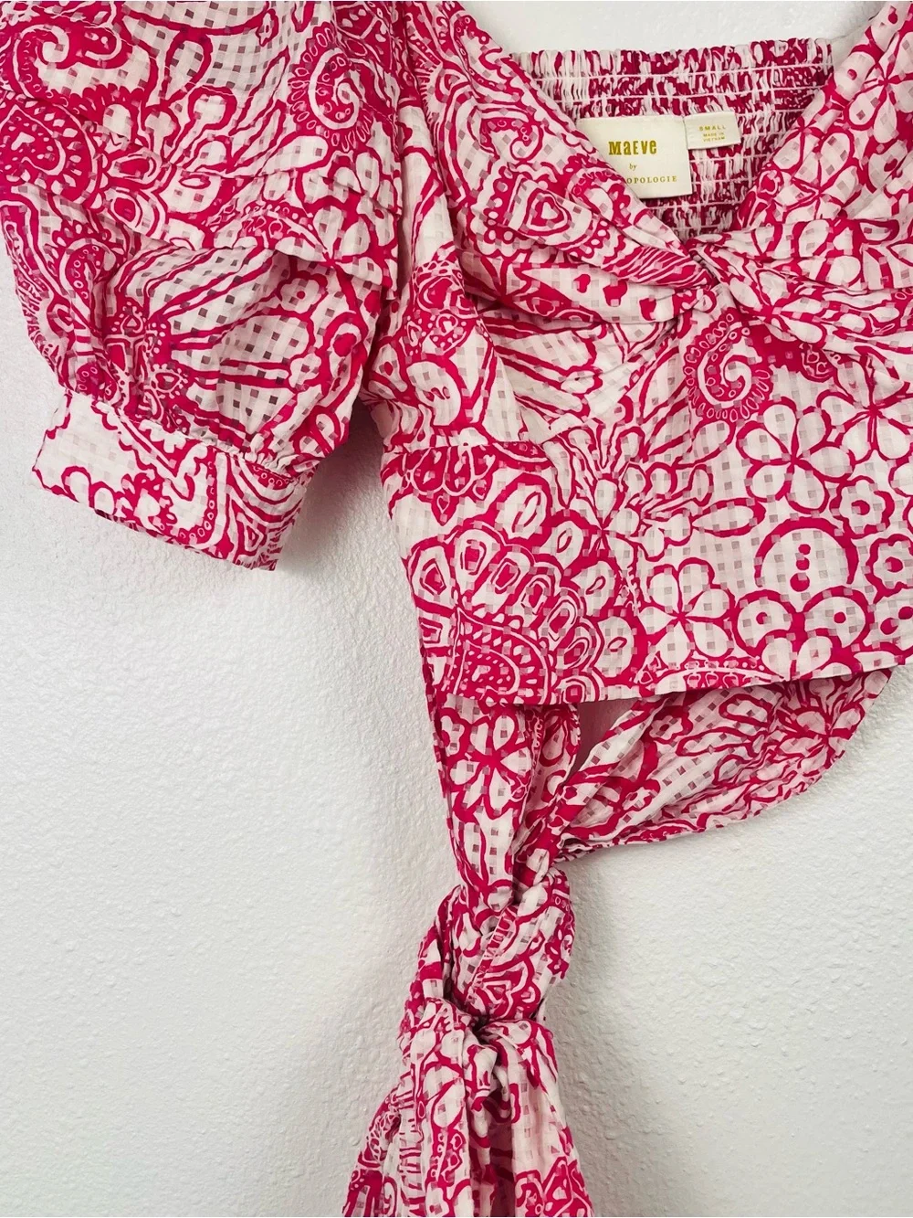 Anthropologie Maeve Pink & White Floral Puff-Sleeve Tie-Back Crop Blouse Top